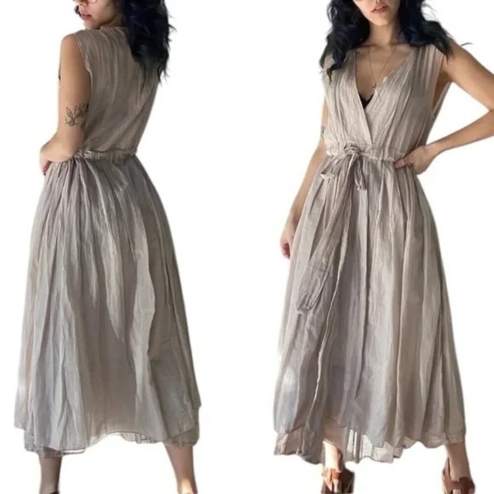 CP Shades Womens Julia Silk Blend Midi Dress Tie Waist Sleeveless V Neck XS